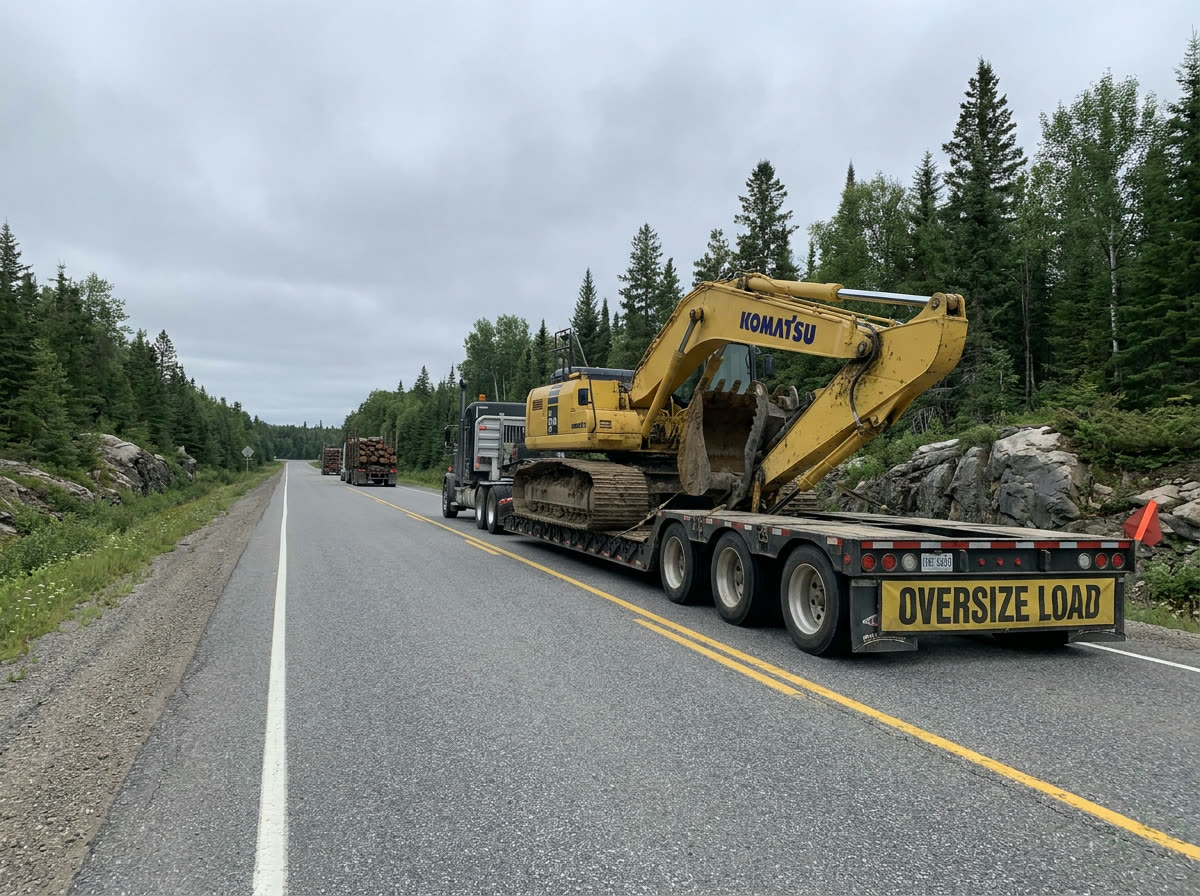 Float trailer transporting heavy equipment on a highway