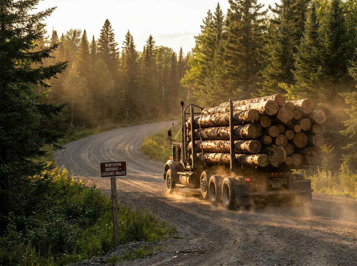 Logging truck loaded with timber on a Northern Ontario forest road